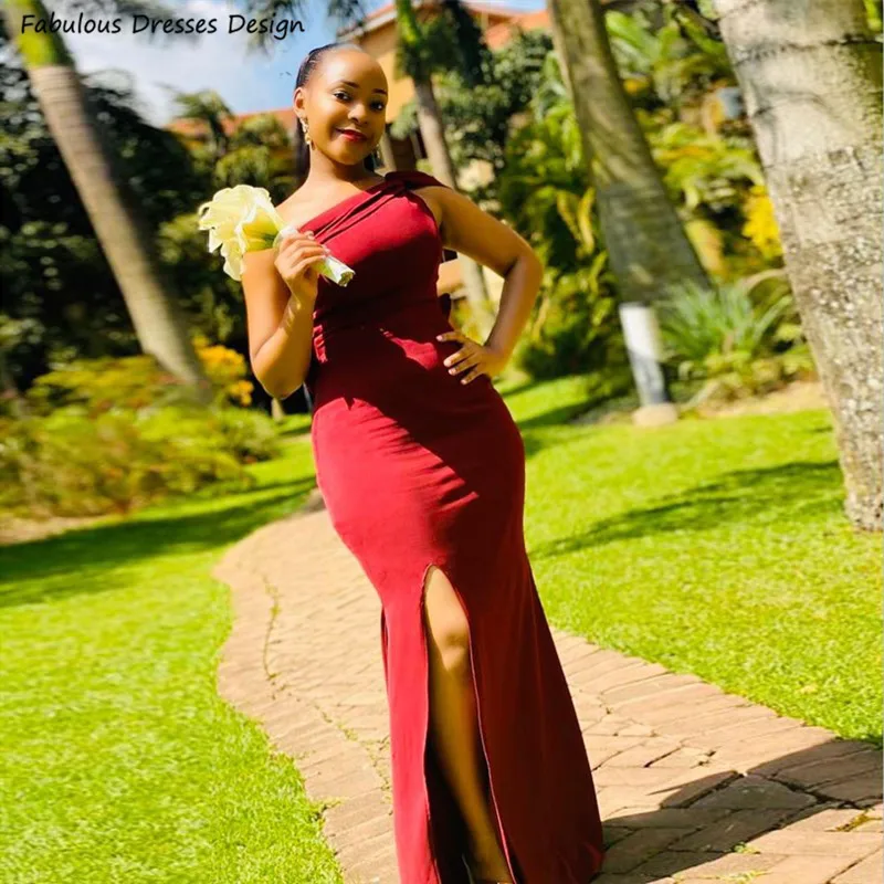 

Red One Shoulder Bridesmaid Dresses Long Mermaid Slit Big Bowknot Zipper Back Wedding Party Dress Evening Gown