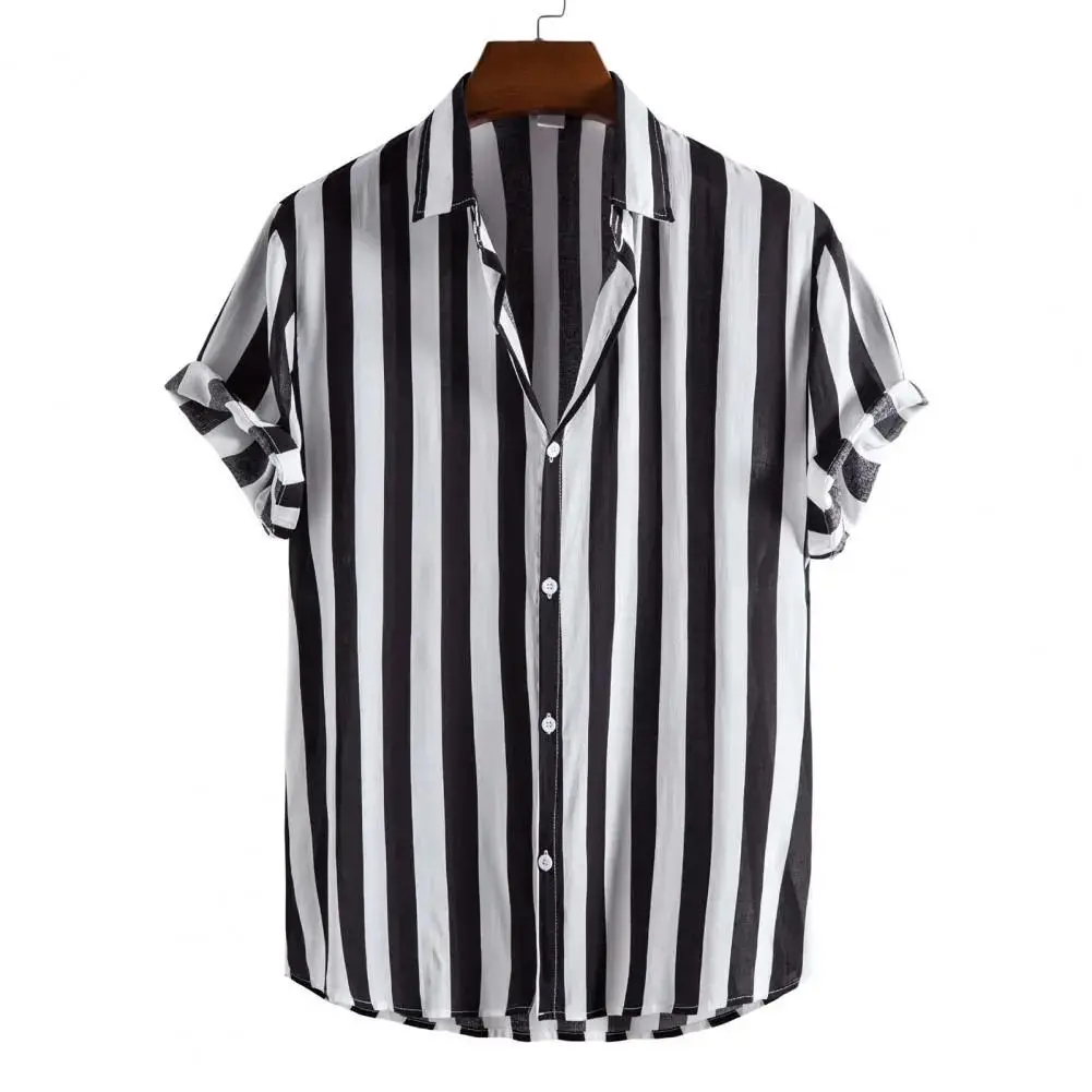 Summer Men's Striped Hawaii Shirt Short Sleeve Buttons Cleanfit  Neck PU Leather Thickened Fleece Inner Four Seasons Univ...