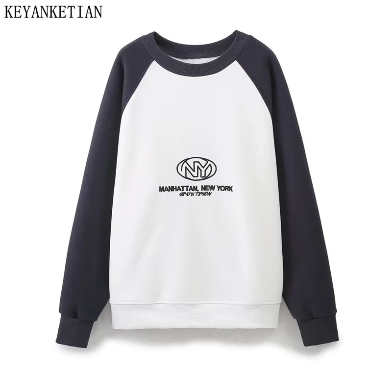 KEYANKETIAN Winter New Women's Letter Embroidery Fleece Color Matching Hoodies Pullover High Street O-Neck Oversize Sweatshirts