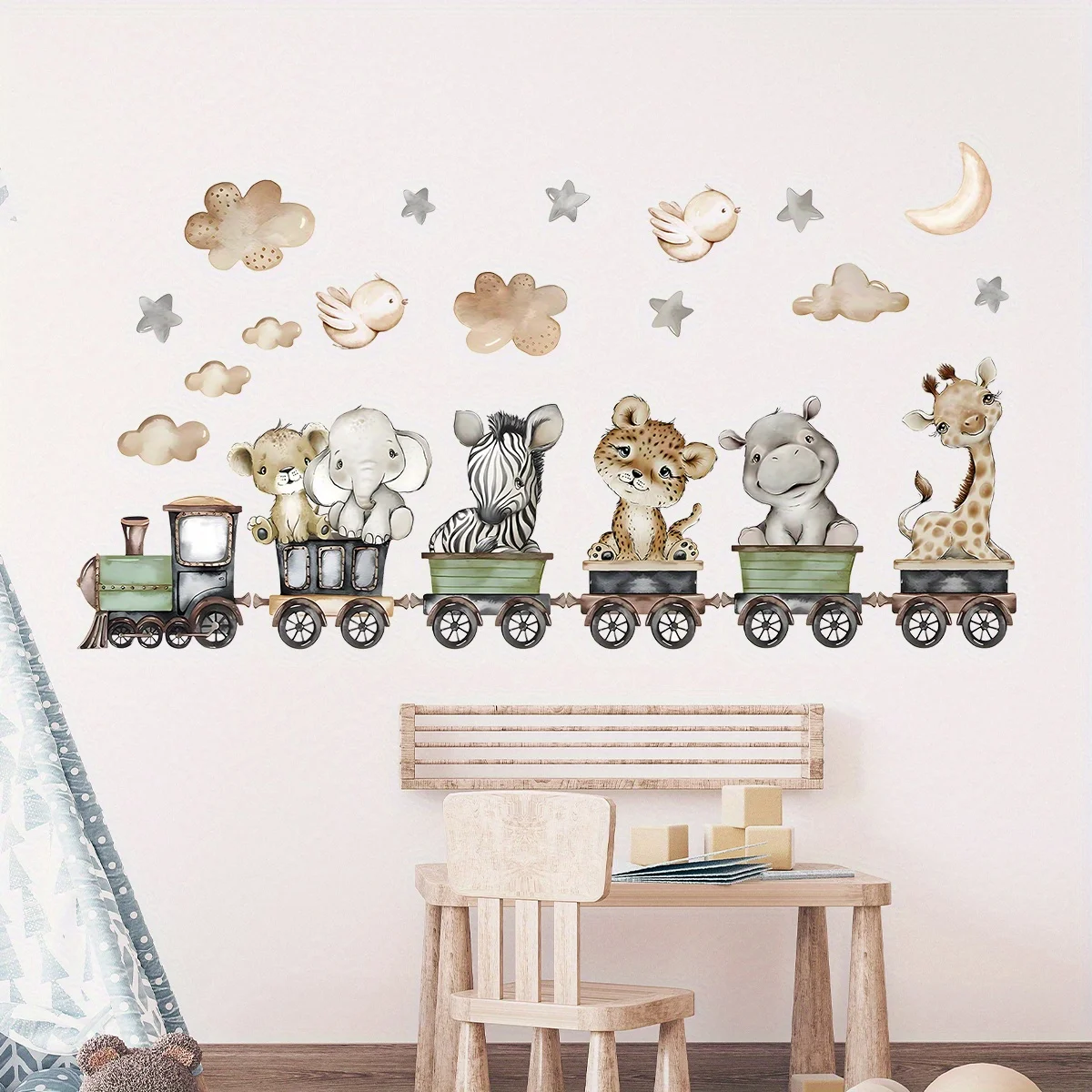 1pc Cartoon Animals Elephant Leopard Giraffe Train Wall Stickers for Children's Room Decor Kids Room Living RoomDecoration