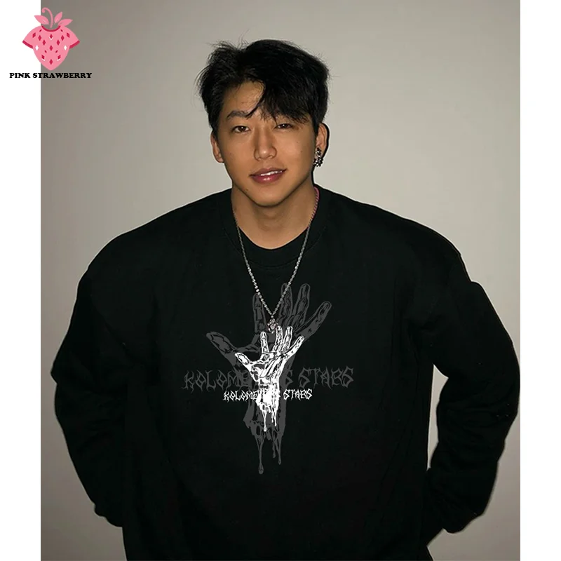

American HipHop Black Plush Sweatshirt Men Autumn Winter 2025 New Oversize Loose Long sleeves Pullover Y2K Top Men Warm Hoodie
