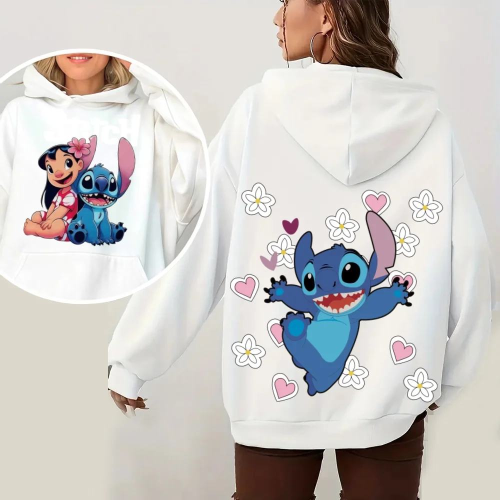 سويت شيرت نسائي بقلنسوة من Disney Lilo & Stitch لخريف/شتاء دافئ كبير الحجم مطبوع عليه زهور كرتونية لطيفة على شكل قلب ملابس خروج عصرية #2