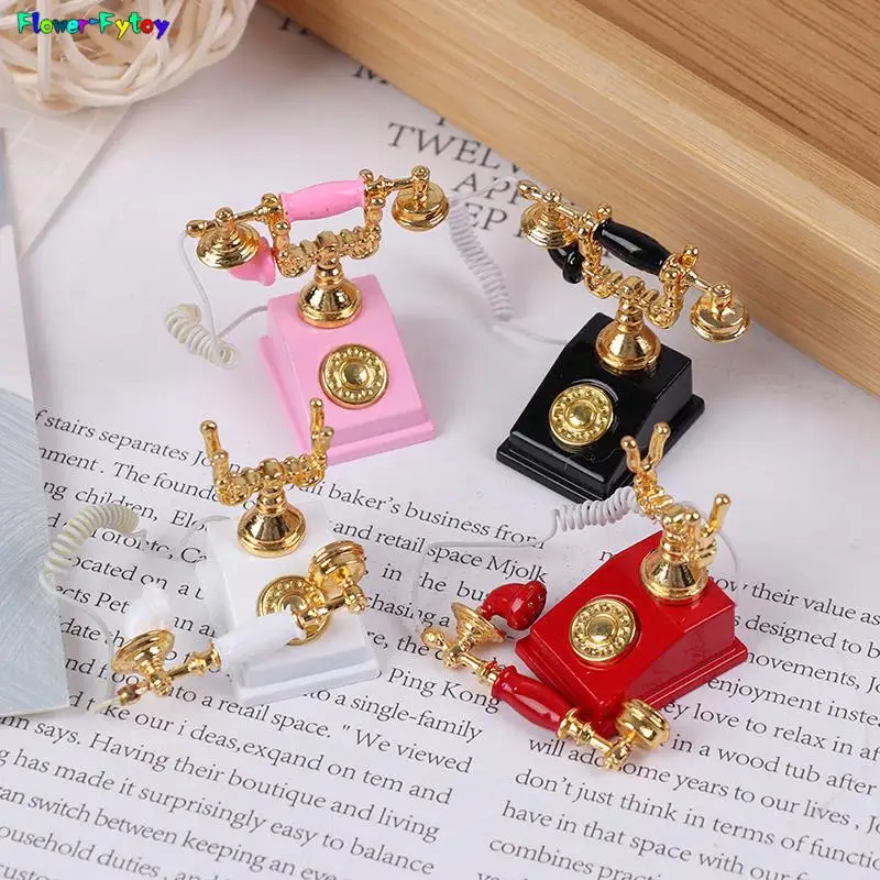 1pc 1:12 Alloy Vintage Miniature Phone Model  Retro Rotary Telephone Dollhouse Decoration Accessories