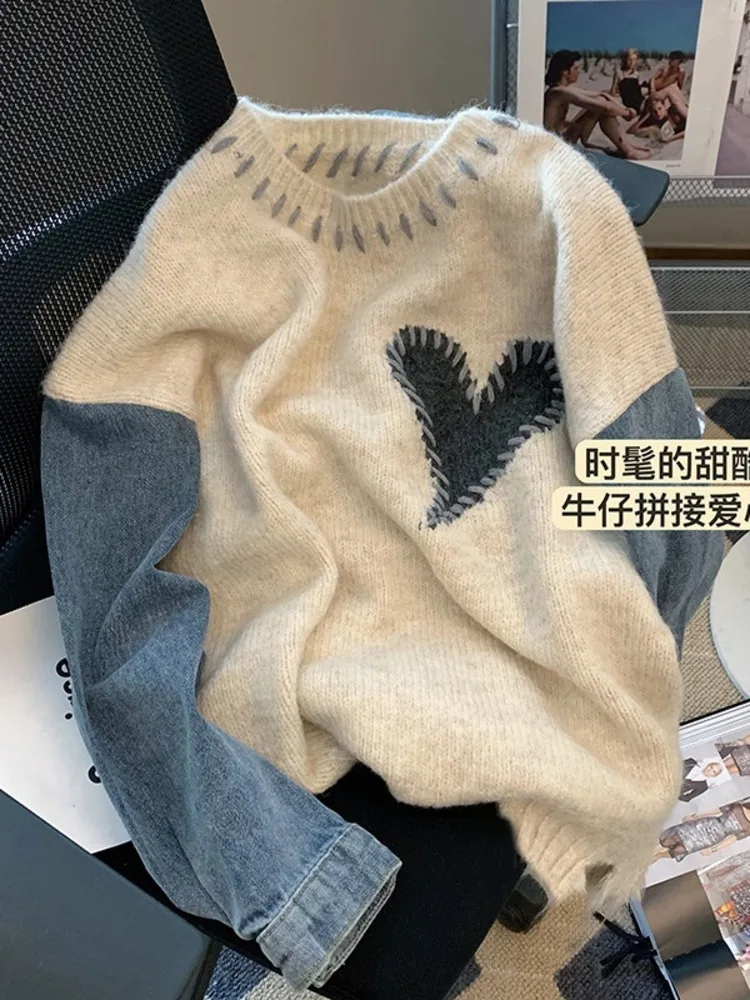 Women Sweater Patchwork Denim Long Sleeve O-Neck Loose Heart Chic Pullovers Simple Knitted Autumn Winter 2023 New Knit Jumpers