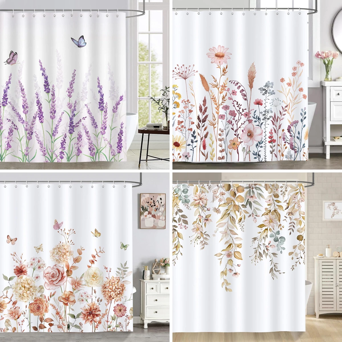 Botanical Floral Leaf Shower Curtain Autumn Thanksgiving Lavender Watercolour Polyester Shower Curtain Bathroom Decor with Hooks