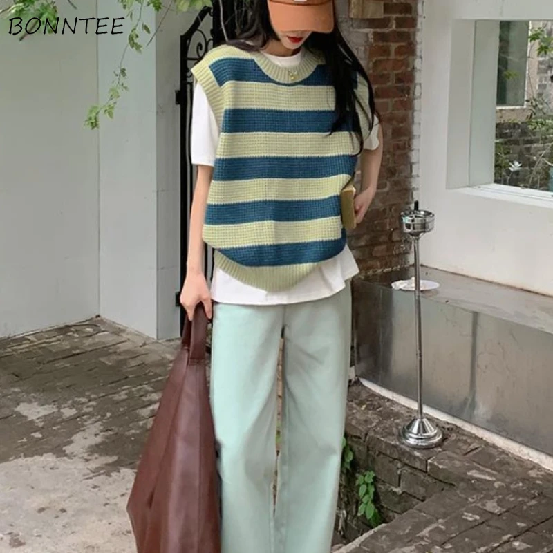 Sweater Vest Women O-neck Striped Chic Ulzzang Colleges All-match Y2k Spring Knitting Streetwear Simple Casual Comfortable Loose