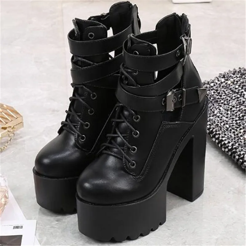 Sexy 15CM Thick High Heels Waterproof Shoes Woman Platform Pumps PU Buckle Strap Round Toe Office Career Waterproof Womens Shoes