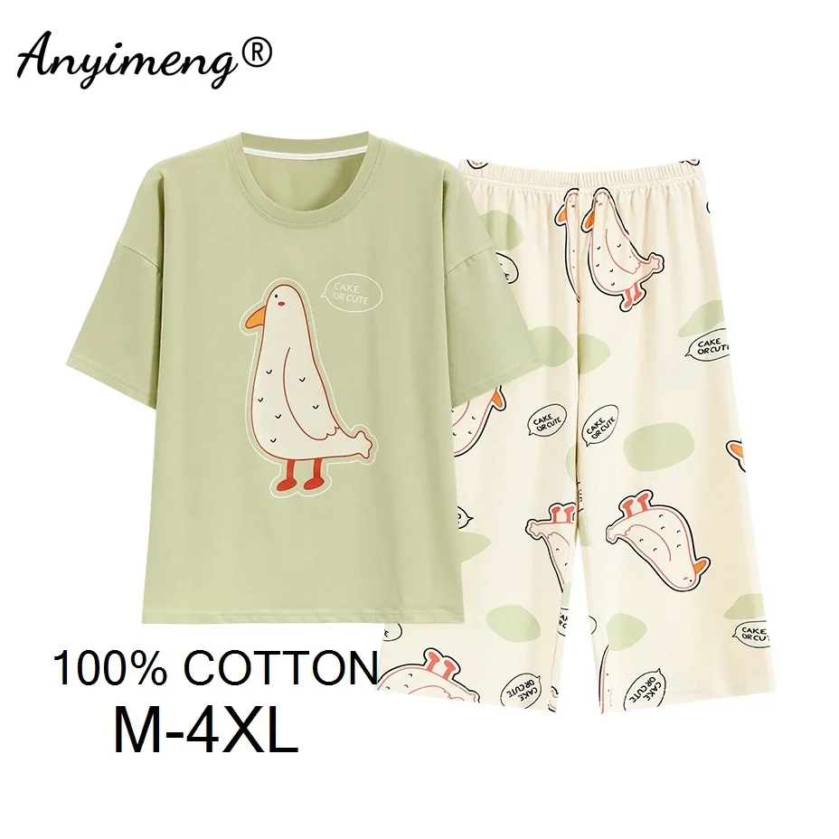 100% Cotton M-4XL Women Pajamas Set Short Sleeve Knee-length Pants Nightwear Capris Loungewear Cartoon Pijama Summer Sleepwear