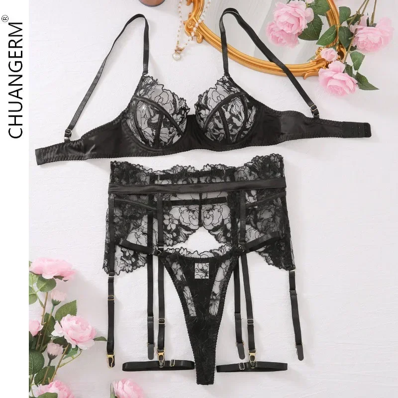 

CHUANGERM Black Sexy Lace Lingerie Transparent Embroidery 4-Piece Garters Cut Out Fancy Underwear Sensual Intimate Set Kit