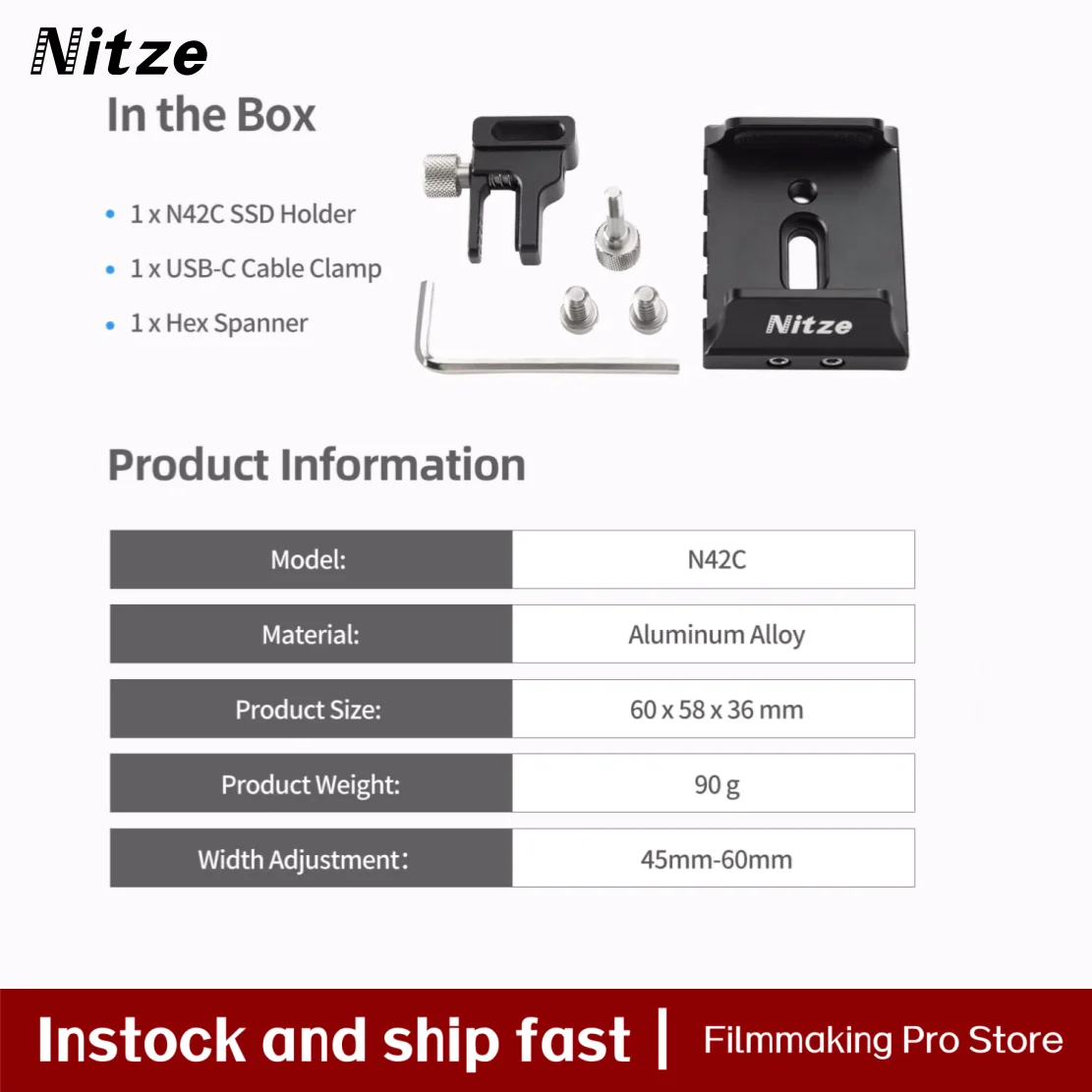 Nitze Universal SSD Mount for Samsung T5 / T7 / T7 Shield / T9 and SanDisk, with USB-C Cable Clamp, Compatible with 45 to 60mm W