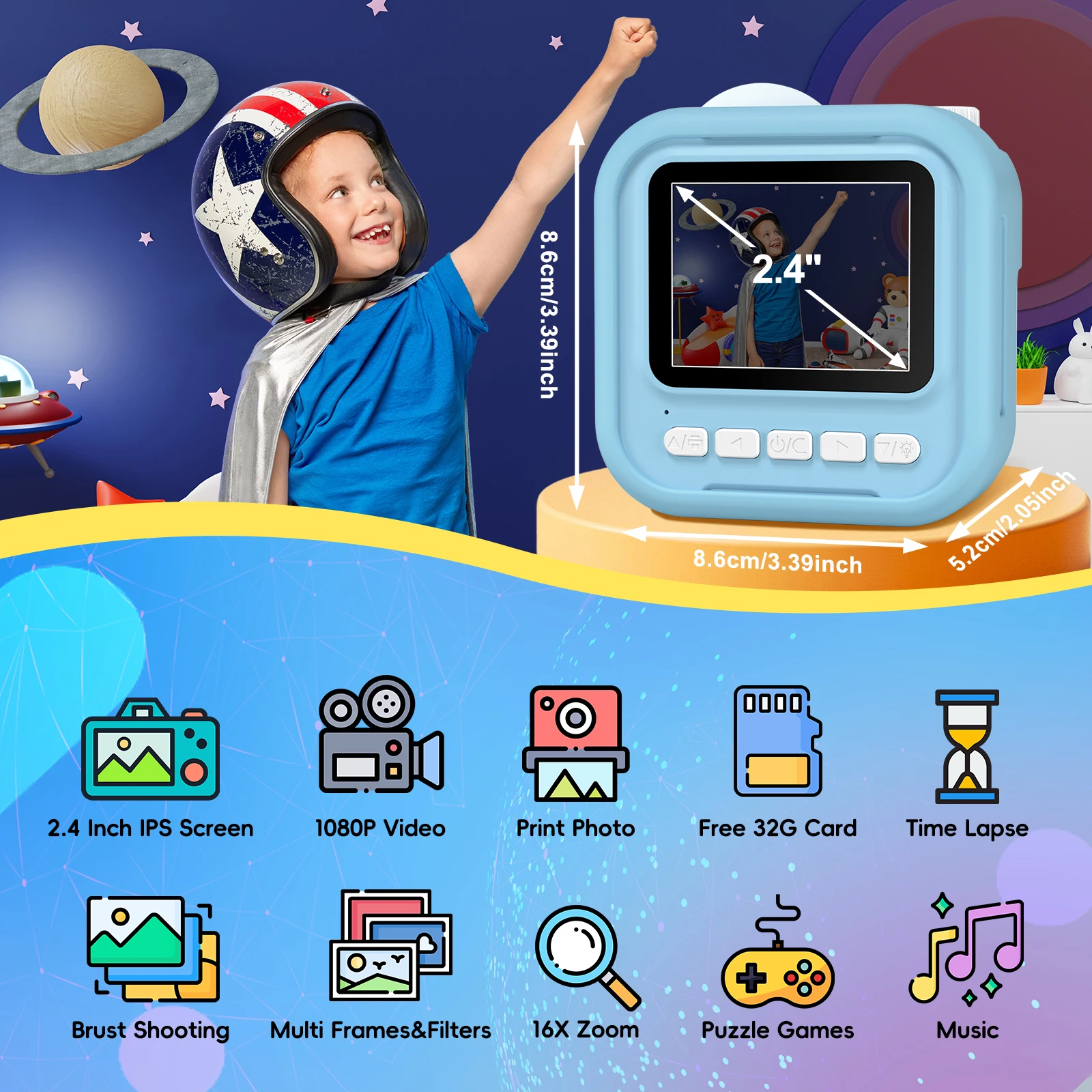 Sofortbildkamera für Kinder, 2,4-Zoll-Sofortbildkamera für Kinder mit 32-GB-Karte, 12 MP/1080P-Kinderkamera, Geburtstagsgeschenk für 3–12 Jahre