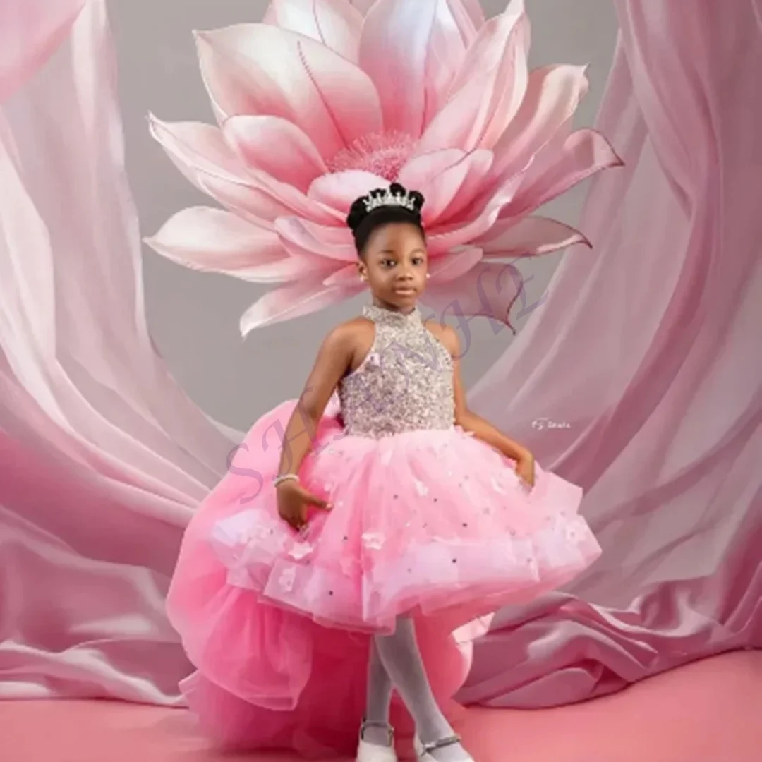 

CustomizedFlower Girl Dresses for Wedding Luxury Halter Sequined High Low Appliques Sleeveless Dresses Girls First Communion Bir