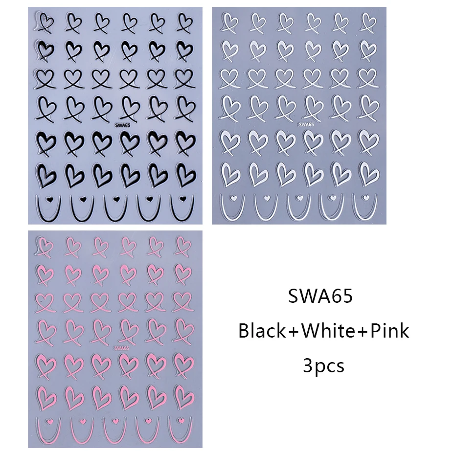 3 Stück Valentinstag Nail Art Aufkleber 3D Schwarz Weiß Rosa Linien Liebe Herz Nagelaufkleber DIY Kleber Slider Maniküre Dekorationen