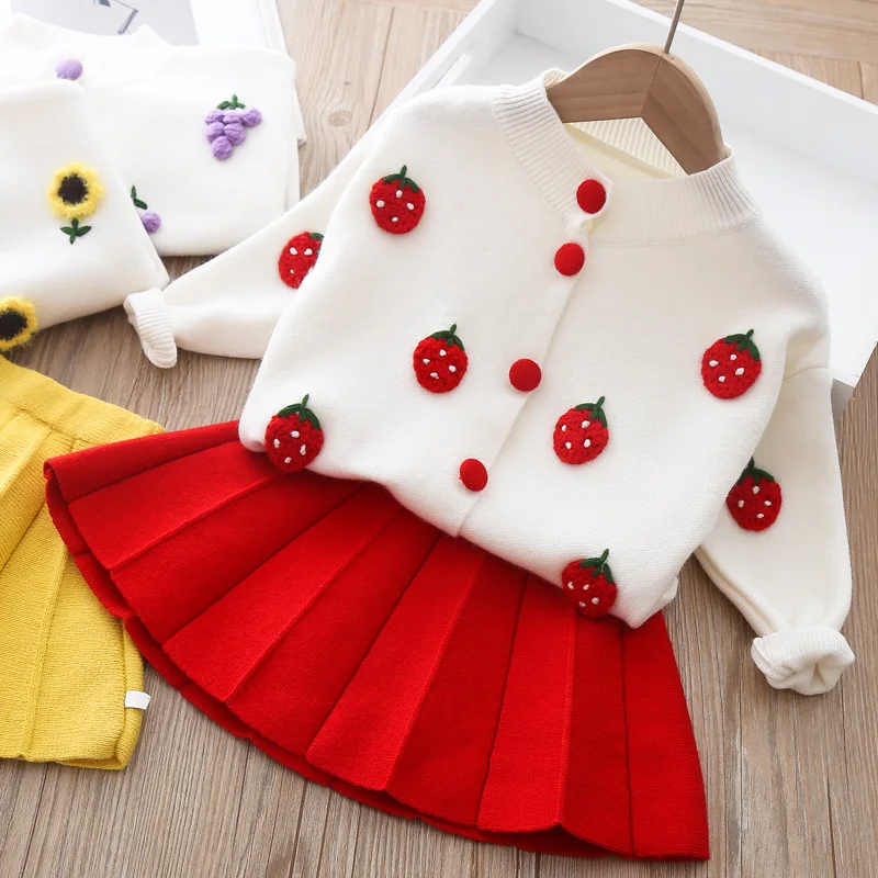 2024 New Toddler Girls Clothing Set Spring Cartoon Strawberry Thicken Fleece Sweater Coat + Skirts 2Pcs Suit For Kids Outfit