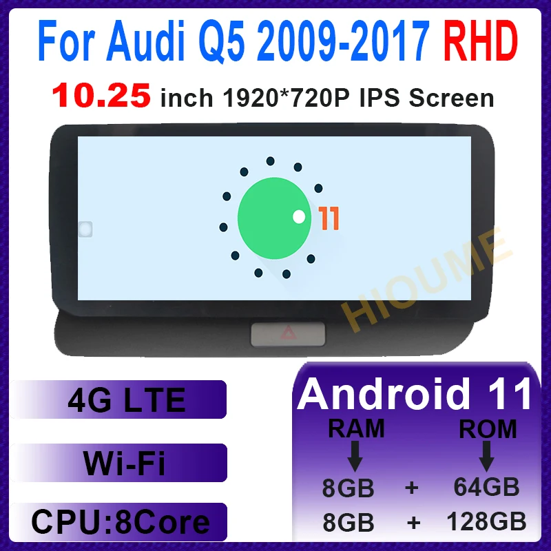 

Head Unit 10.25“ 8 Core 8+128G Android 11 Multimedia Player 4G GPS Navigation For Audi Q5 009-2017 RHD Car Radio Stereo 4G WiFi