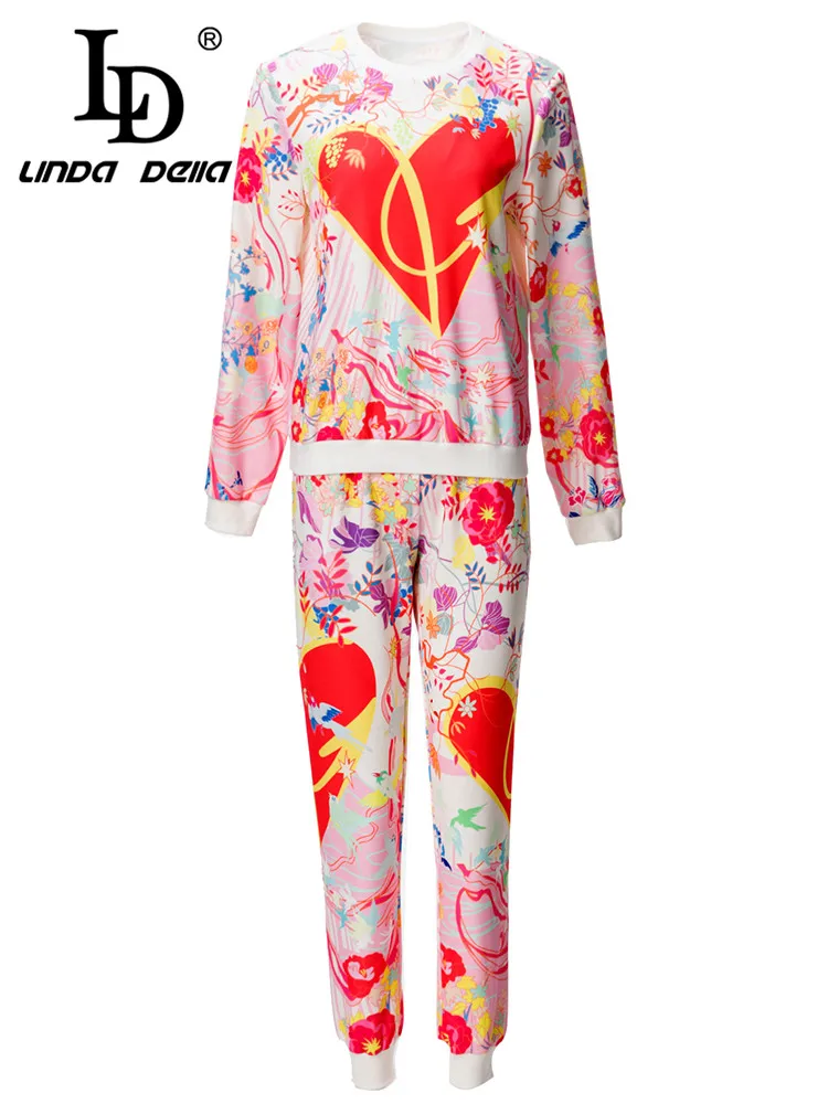 LD LINDA DELLA Autumn and winter Casual Set Women's Round Neck Heart-Shaped Print Splice Top+Elastic Waist 2 Pieces Set