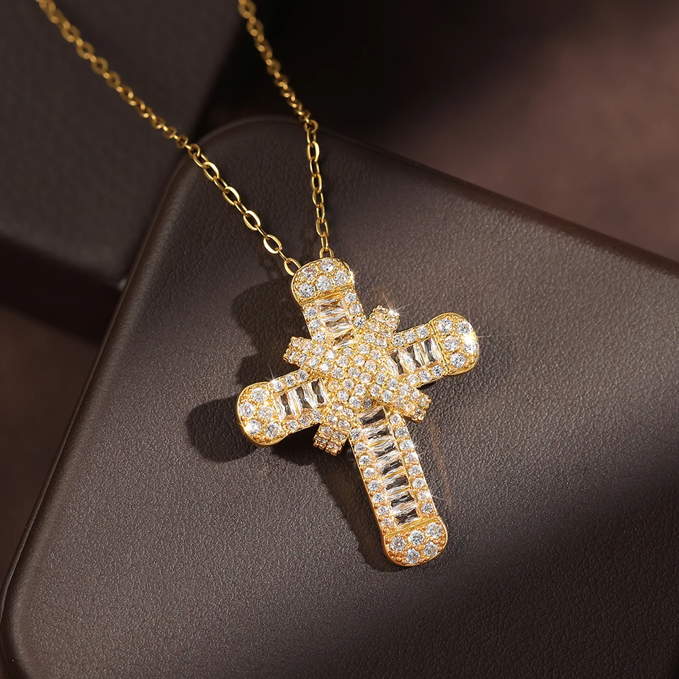 RAKOL Luxury  AAA+ Zircon Cross Pendant Necklace for women Shining Crystal Personalized Couple Tag Necklace Party Charms Jewelry