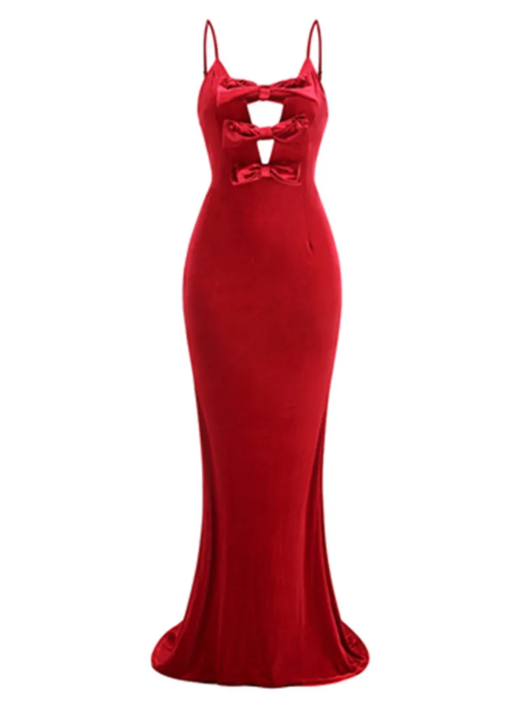 Evening Party Dresses For Women 2024 Sexy Sleeveless Key Hole Red Velvet Bow Tie Maxi Long Bodycon Dress Club