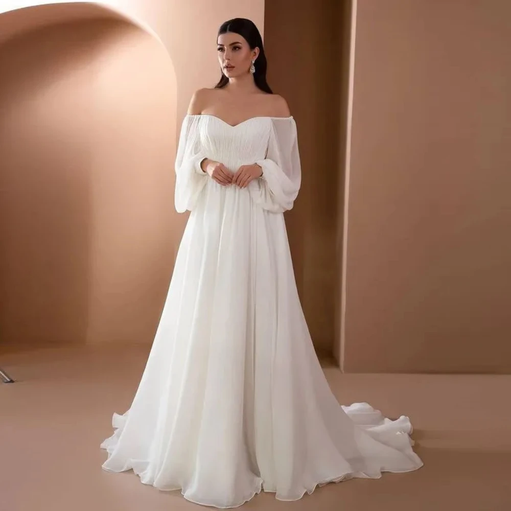 Luxury Wedding Dress For Bridal Ladies Pure Chiffon Long Sleeve Off The Shoulder Evening Party Dress Robe De Mariage Prom Gowns