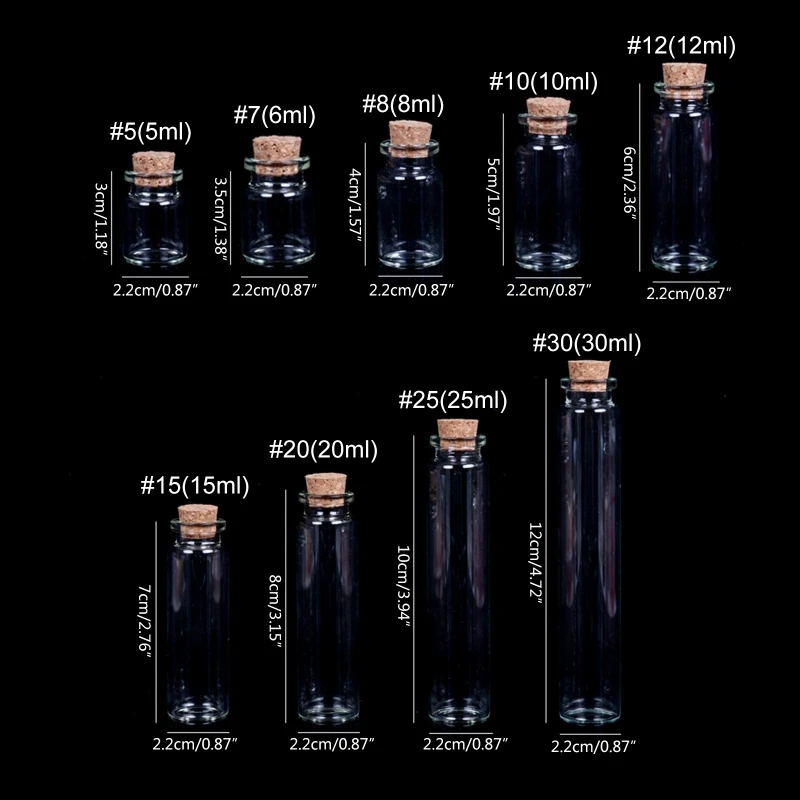 Petites bouteilles avec bouchons en liège, petits flacons, petits bocaux en verre transparent, couvercles, conteneur stockage