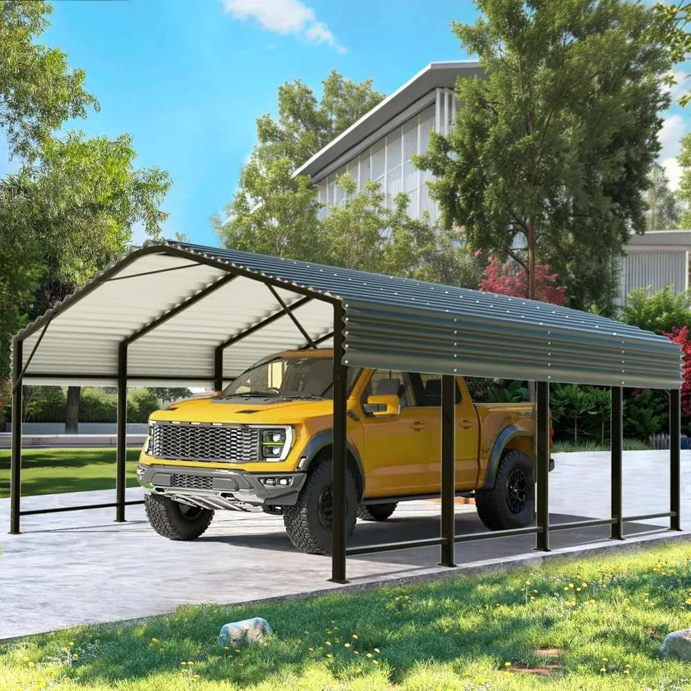 Metal Carport - 12 x 20 FT Metal Carport Heavy Duty Carport Canopy with Galvanized Metal Roof and Enhanced Base, Outdoor Garage