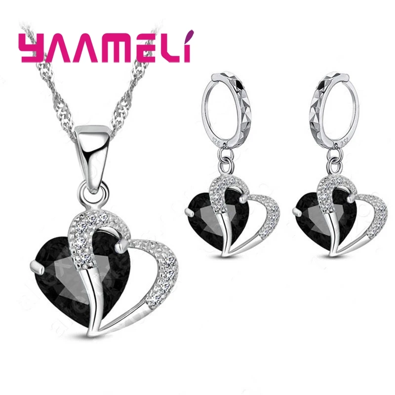 Gift Jewelry Set for Women 925 Sterling Silver Color Cubic Zircon Inlay Heart Pendant Necklace Earrings Wedding Accessory