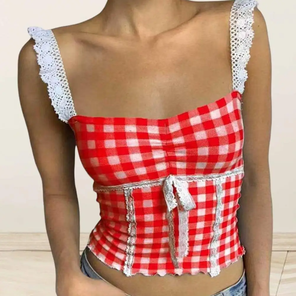 Plaid Tank Top Lace Straps Top Plaid Print Lace Stitching Tank Top Sexy Sleeveless Cami Crop Square Neck Sling Vest Women's