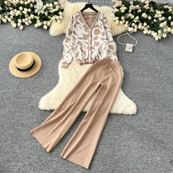 Women Two-Piece Sets Vintage V-neck Elegant Print Loose Knit Top High Waist Wide Leg Pants Korean High Street Winter Clothing