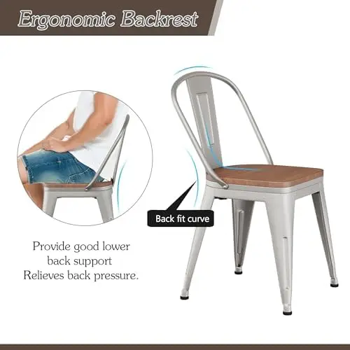 طقم كراسي طعام معدنية مقاس 18 بوصة مكون من 4 قطع، كراسي مزرعة حديدية عالية الظهر، قابلة للتكديس الصناعي، مقعد خشبي - فضي