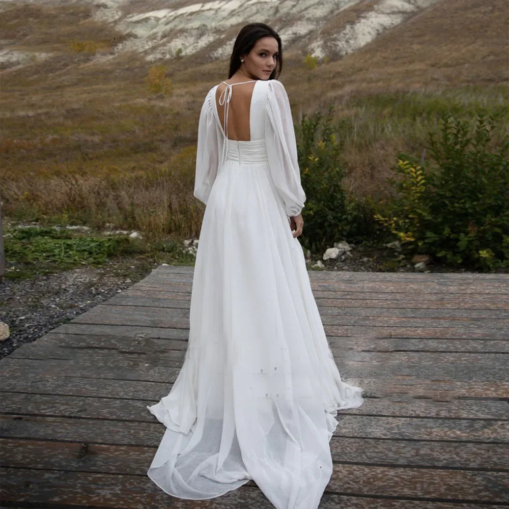 Flavinke-Vestidos De novia De manga abullonada, traje De novia De playa con Espalda descubierta, traje De gasa De línea larga