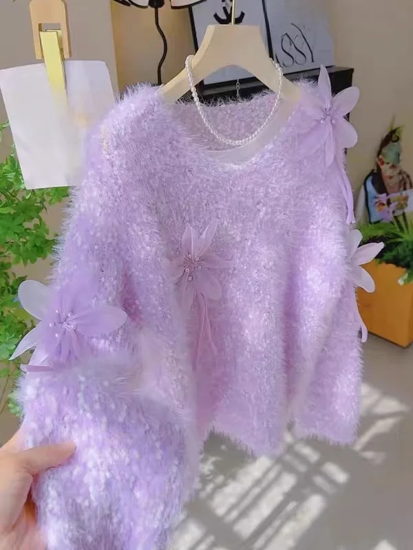 

Ele V-Ne Pullover Faux Mink Sweater Purple Autumn Winter Women's Faion Design Bead Embellied Knitted Top