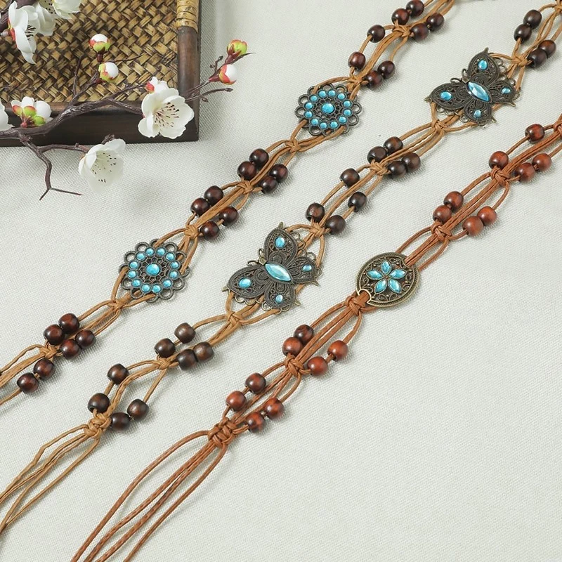 Bohemian Style Butterfly Water Diamond Woven Ethnic Style Wooden Bead Women's Belt Casual Vacation Style Waist Rope