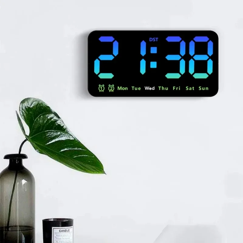 Voice Control Large Digital Wall Clock Temperature Date Week DST Snooze Table Clock 12/24H Dual Alarm Wall-mounted LED Clock