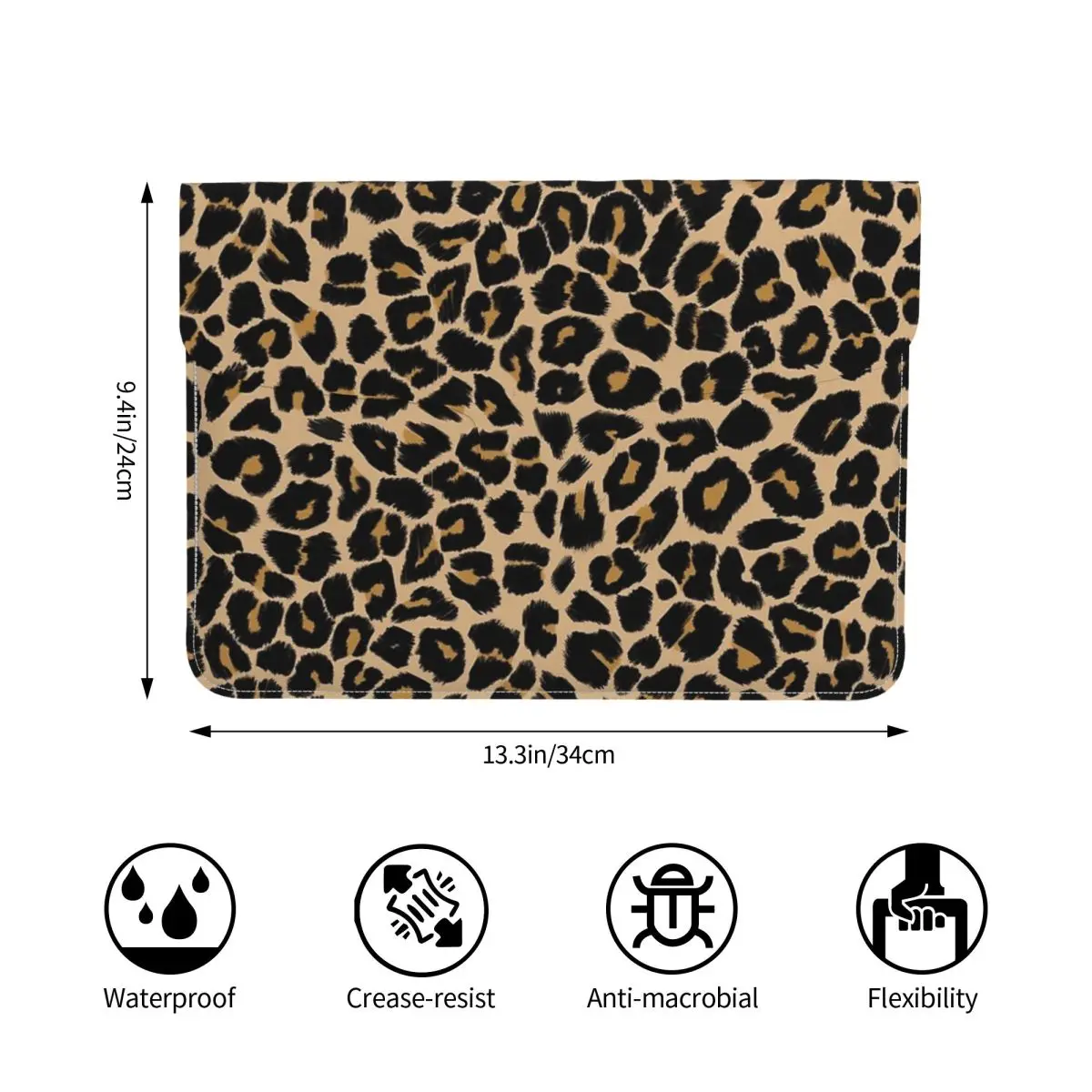 Leopard Print Traditional Colours PU Leather Horizontal Laptop Sleeve Shockproof Soft Lining Notebook Case 13 Inch