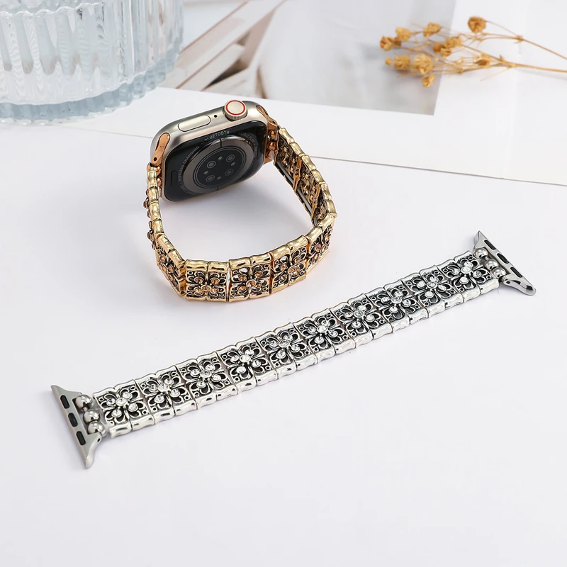 Vintage Metal Flower Strap for Apple Watch Series 11 10 9 8 7 SE Luxury Rhinestone Bracelet for Iwatch Band 40/41/42/44/45/49mm
