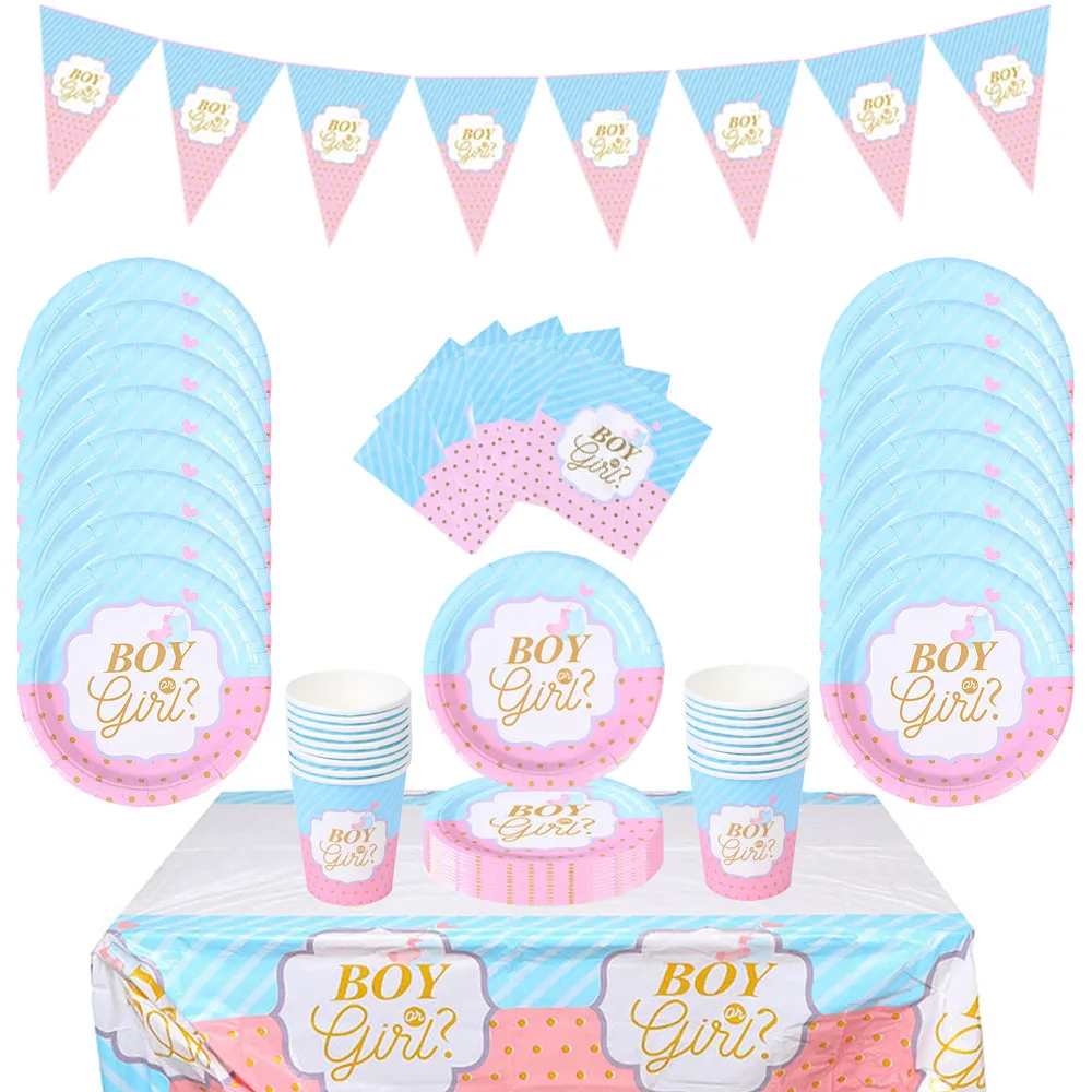 Ragazzo o ragazza rosa blu Gender Reveal stoviglie usa e getta piatti di carta tazze Banner tovaglia Gender Reveal Party Decor Supplies