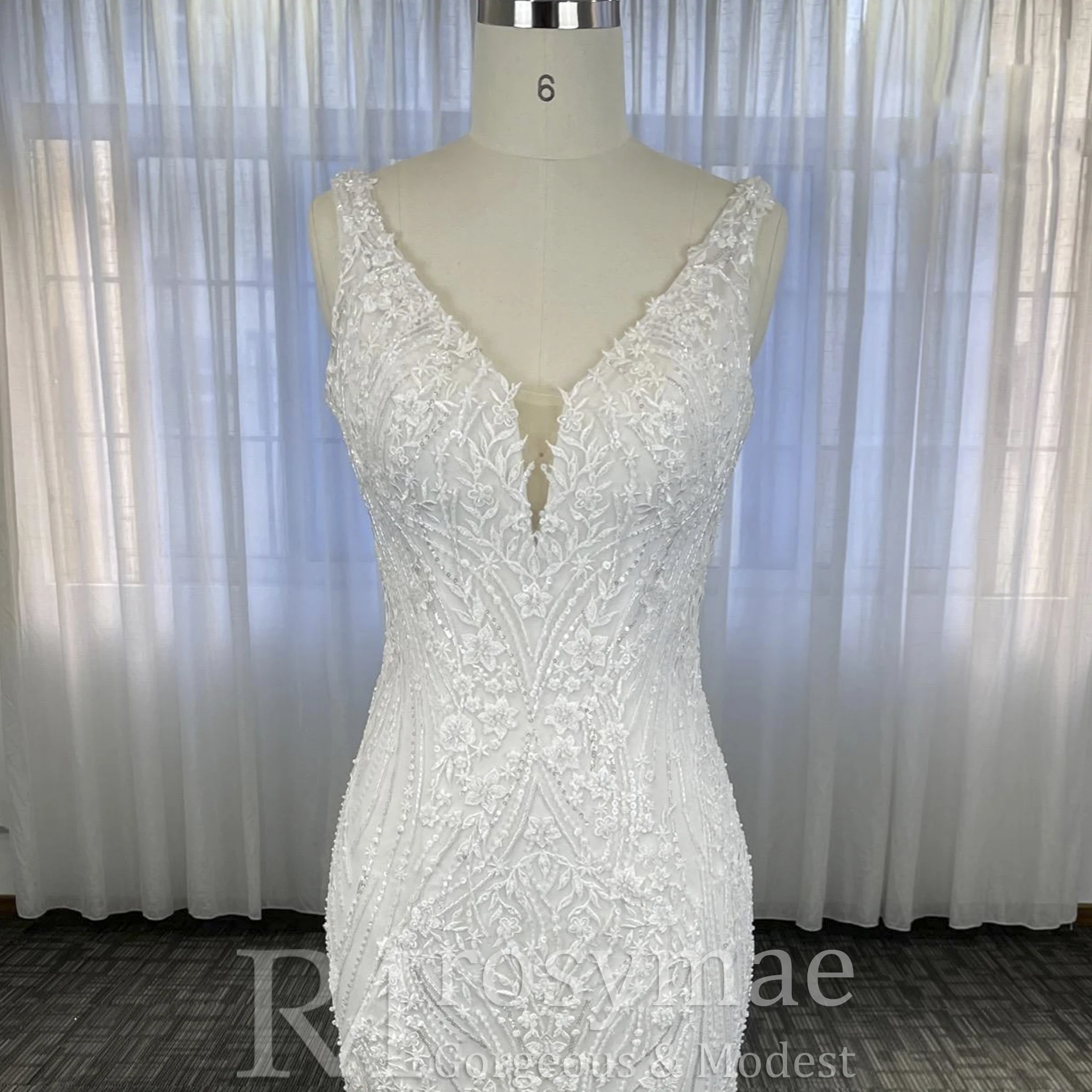 Rosymae женское блестящее кружевное свадебное платье русалки с глубоким v-образным вырезом и открытой спиной, длиной до пола, с длинными рукавами