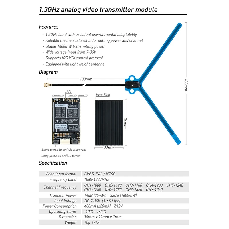 1.2Ghz 1.3Ghz 1.6W VTX 9 Channel Audio Video FPV Transmitter 1600MW 7-36V For RC FPV Long Range Airplane Drone