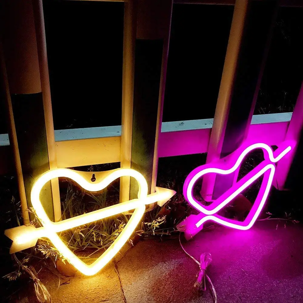 LED 큐피드 활 네온 라이트 사인, 연인을 위한 LED 하트 네온 나이트 라이트, 침실 거실 벽 장식 발렌타인 파티용