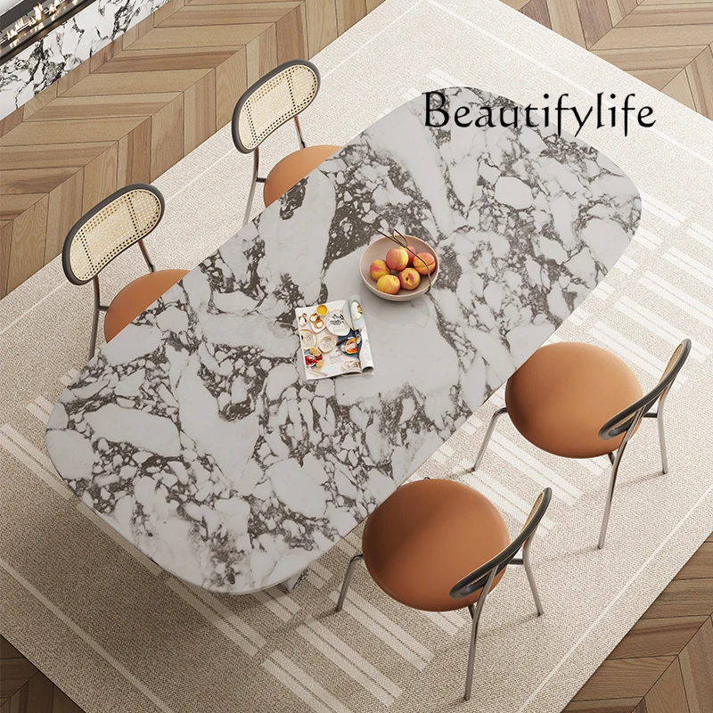 

Luxury French Rectangle Marble Table, Cream Aesthetic Designer Villa Furniture, Trendy Natural Stone Dining Table​