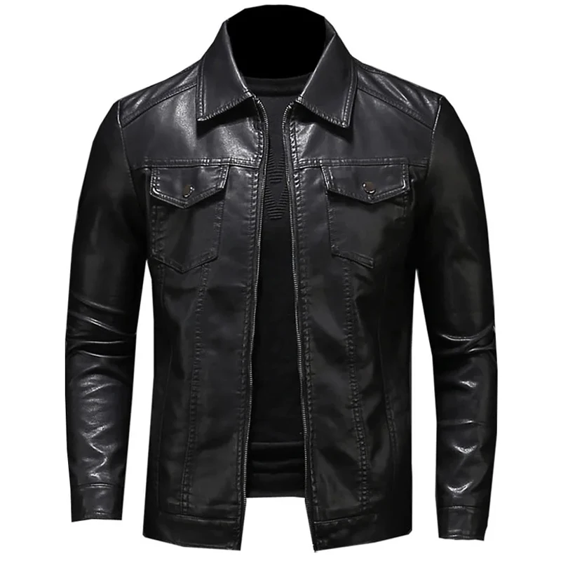 Men's Motorcycle Leather Jacket Large Size Pocket Black Zipper Lapel Slim Fit Spring and Autumn Pu Coat Male High Quality M-5XL