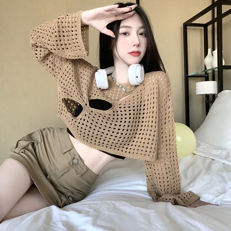 Knitted Mesh Blouses Women Hollow Out Design Long Sleeve Pullover Solid Color O Neck Loose Fit Breathable Crop Top Summer