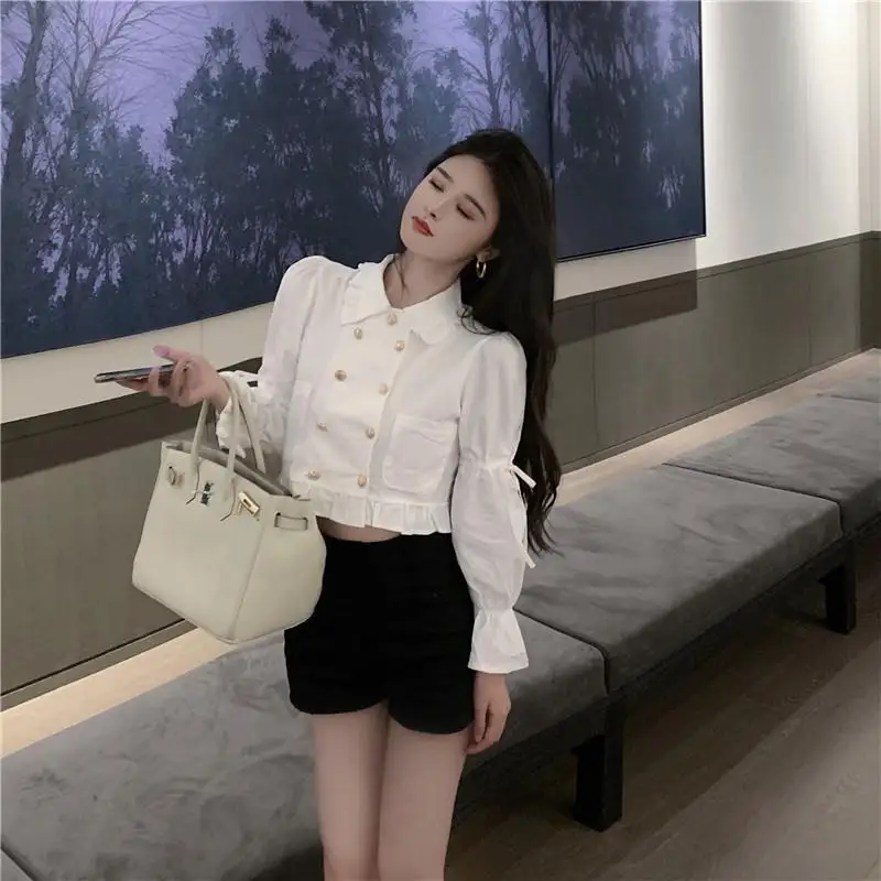 

White Shirts Women French Style Double Breasted Ruffle Long Sleeve Blouse Fashion Flare Sleeve Pocket Short Tops