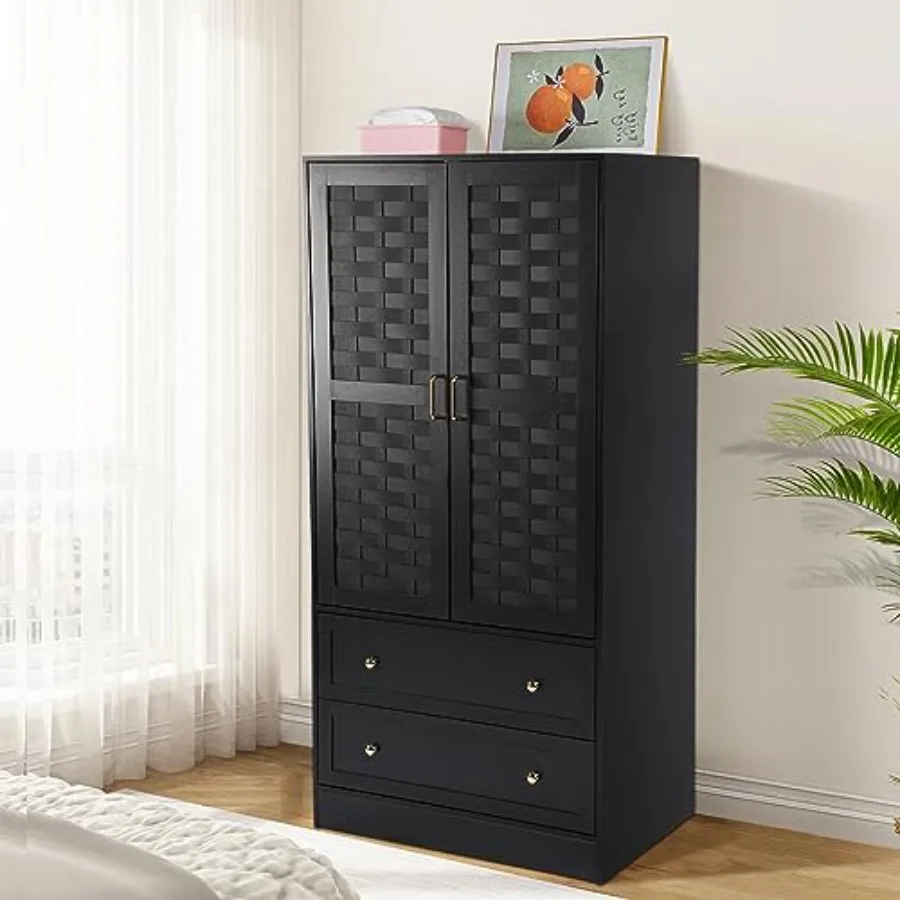 Armoire Wardrobe Closet with 2 Woven Doors Wardrobe Cabinet with 2 Storage Drawers and Hanging Rail Freestanding Wooden Closet
