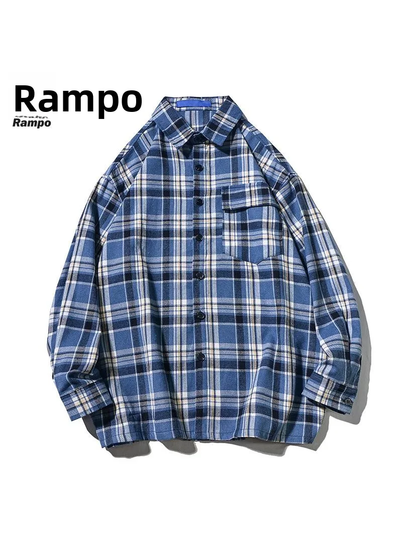 

Мужская рубашка Rampo в стиле ретро с цветными клетчатыми вставками, длинным рукавом, свободного кроя, в американском стиле, модная, универсальная, молодежная, из полиэстера.