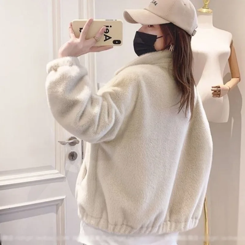 2023 New Women Faux Fur Coat Winter Loose Thicken Warm Outwear Imitation Mink Stand Collar Short Cotton Jacke Fashion Casual Top