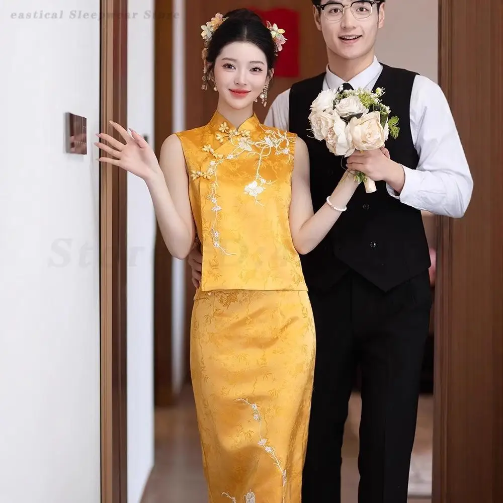 

New Chinese Tang Suit Qipao Bridal Engagement Dress Toast Clothes Traditional Mandarin Collar Cheongsam Set Wedding Party Gown