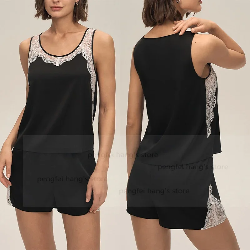 

Black Lace Satin Sleepwear Ice Silk Pijama Mujer Sexy O-Neck Loungewear Underwear 2Pcs Lingerie Suit Sleeveless Pijama Nightwear