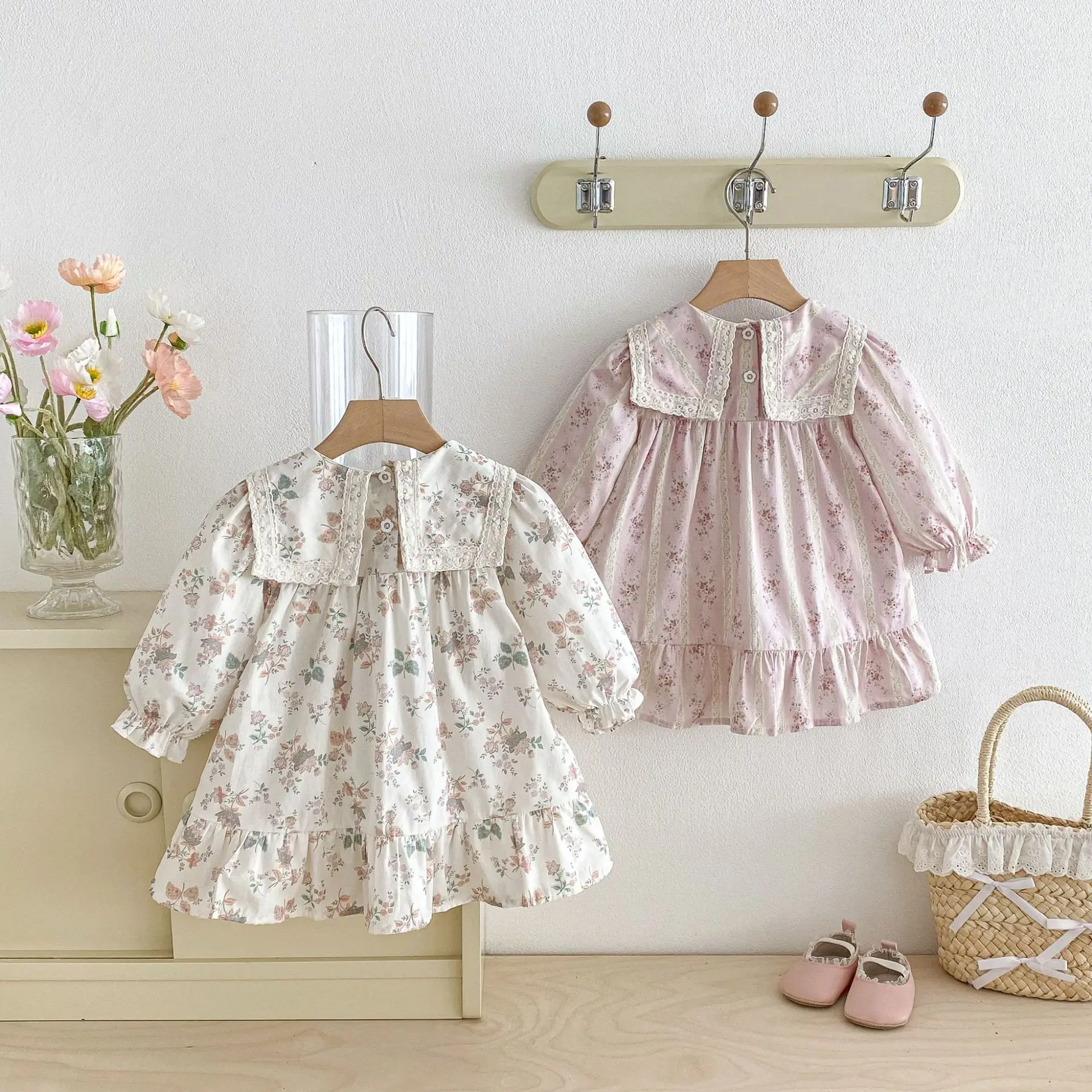 2026 Spring New Girls Long Sleeve Floral Dress Children Cotton Loose Dress Baby Girl Sweet Lapel Princess Dress Kids Clothes