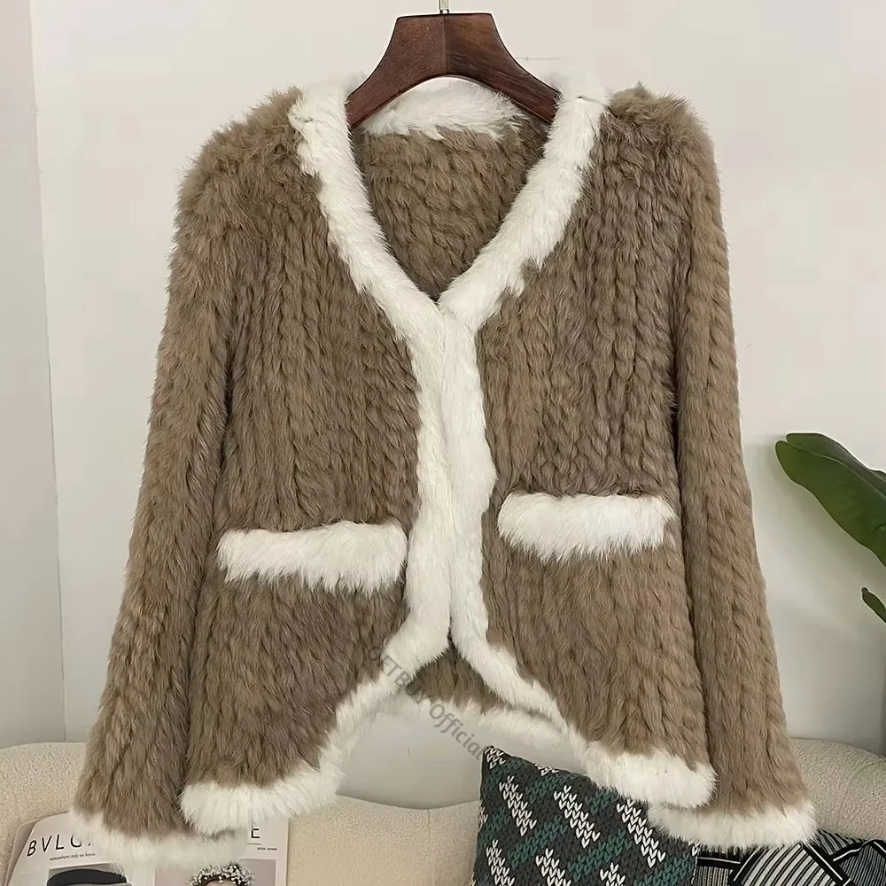 Knitted Coat Women Spring Winter Real Rabbit Fur Female Casual Long Sleeve Genuine Real Fur Jacket Warm Thick Outwear Femme